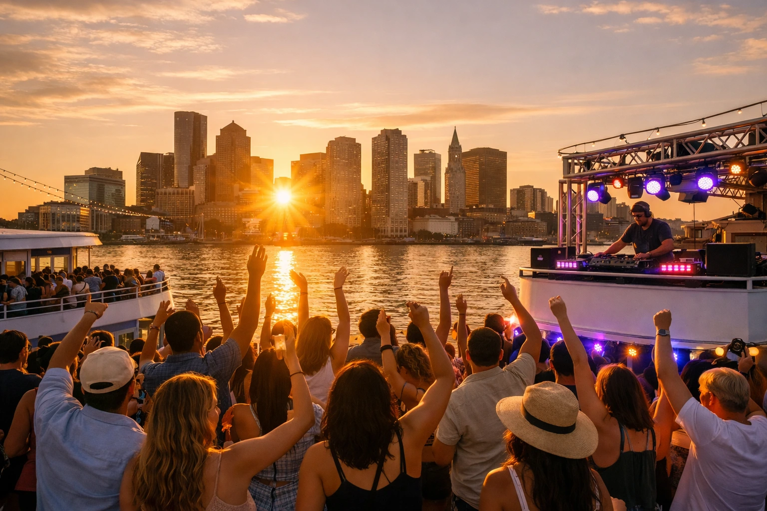 Crowd dancing on a multi‑deck party boat at golden hour during Boston harbor party cruises