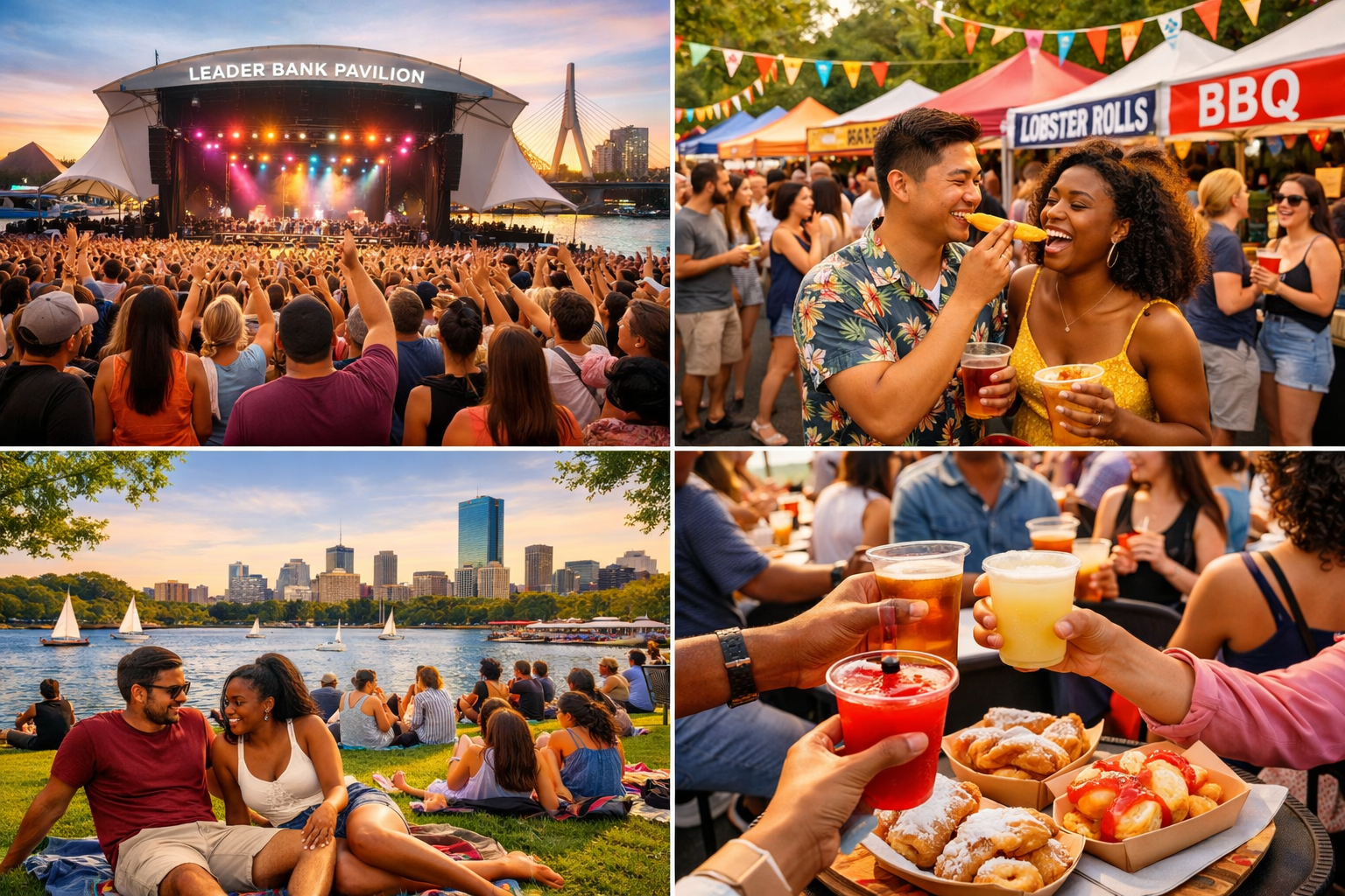 Collage of Boston summer events 2026 including concerts, food festivals, and Esplanade activities.
