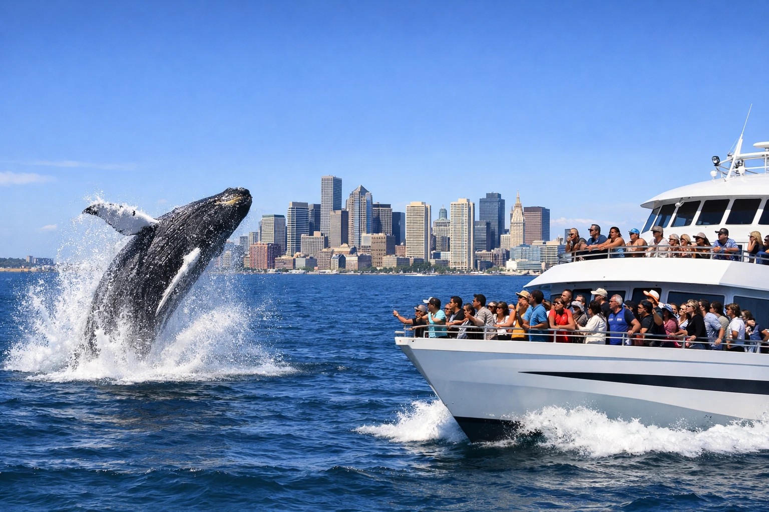 Humpback whale breaching near a Boston Harbor whale‑watching boat with the city skyline in the background.
