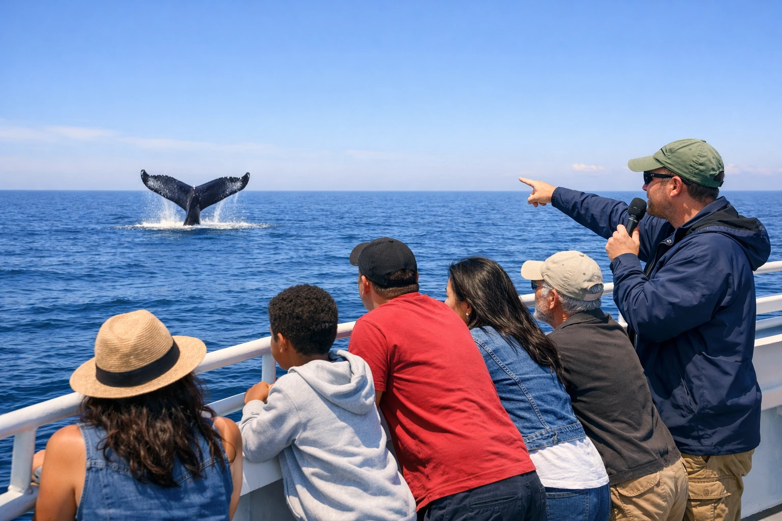 Passengers watching a humpback whale’s tail rise above the water from the railing of a whale‑watching boat.