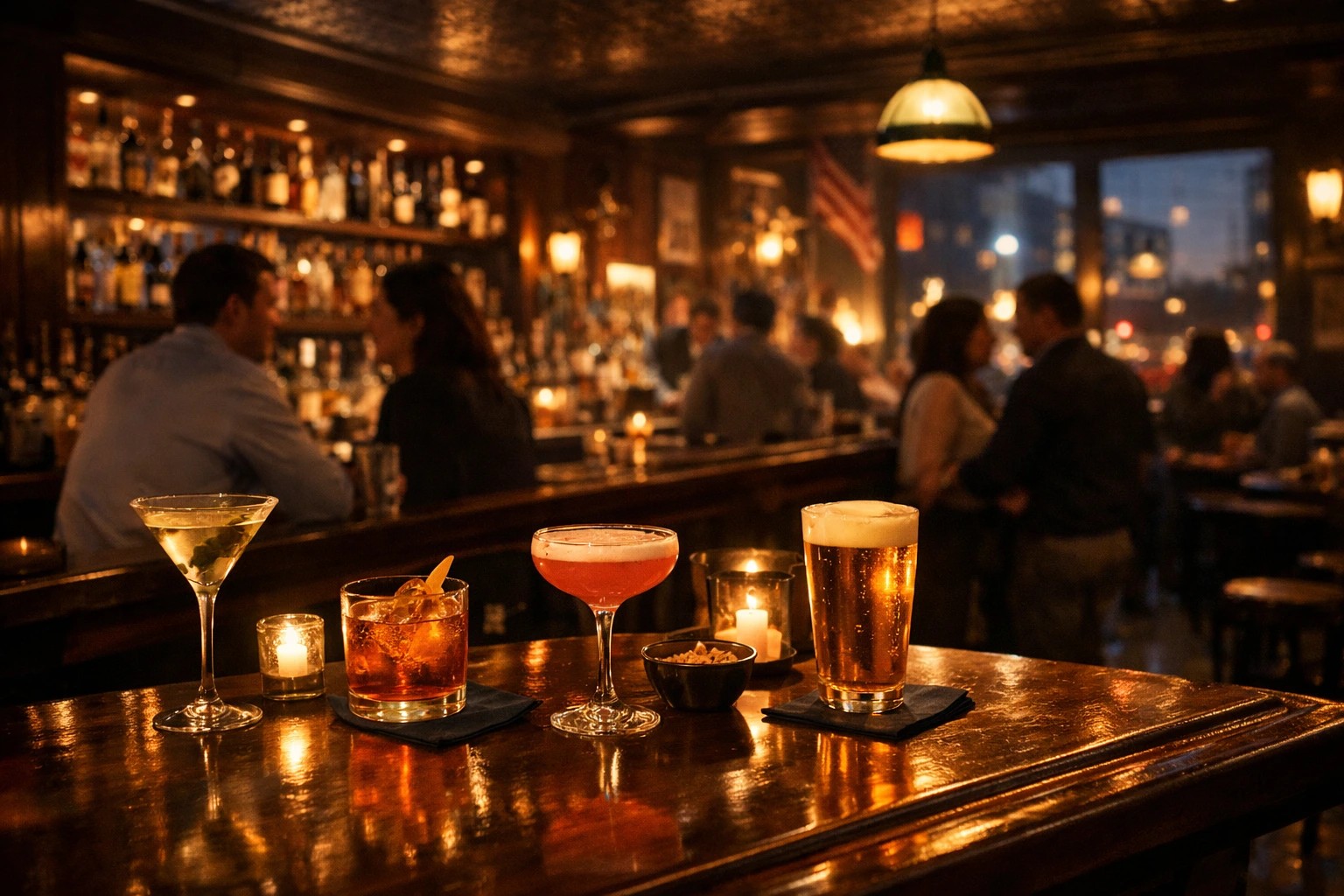 Cocktails on a bar inside a downtown Boston restaurant during happy hour, with warm lighting and an after‑work crowd.
