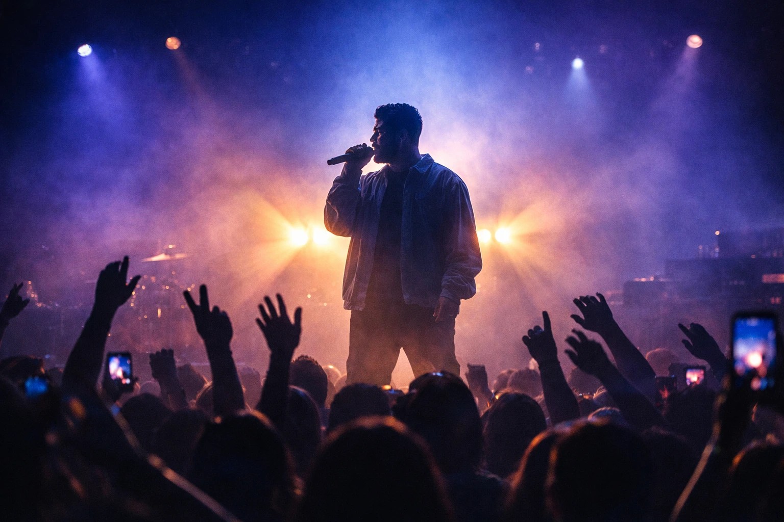Silhouetted R&B singer performing under deep blue and purple stage lights with a glowing crowd raising hands