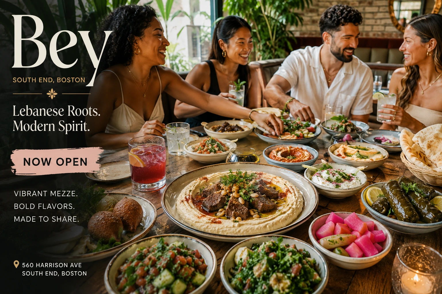 colorful Lebanese mezze spread at Bey in the South End