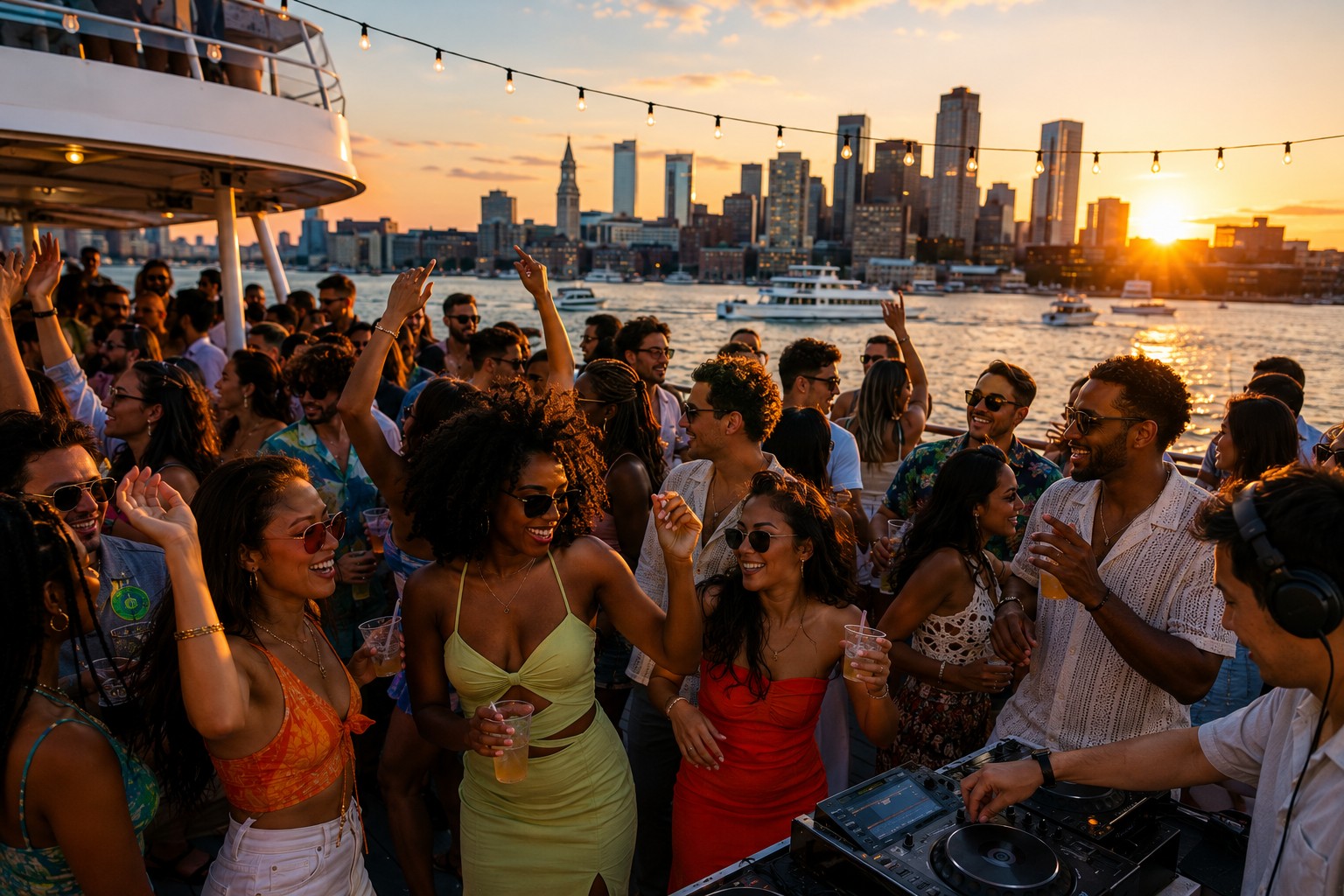 Guests dancing on the top deck of a Boston Harbor sunset cruise during the Phase 2 Summer Kickoff.