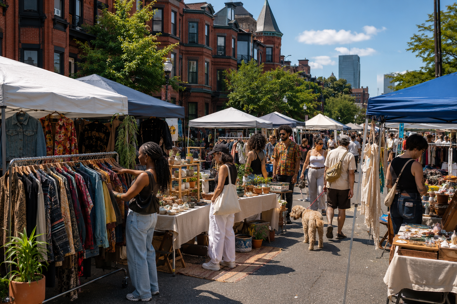 Vintage vendors and shoppers at an outdoor market in Boston’s South End.