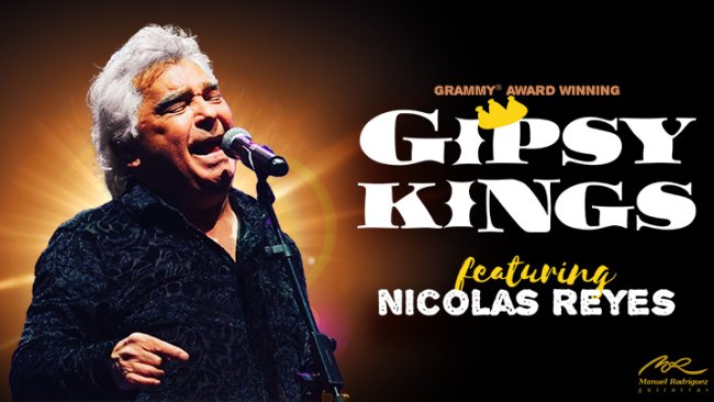 Promotional poster for Grammy Award-winning Gipsy Kings featuring Nicolas Reyes, scheduled for October 14 at Emerson Colonial Theatre. The poster shows a spotlighted individual singing passionately into a microphone.