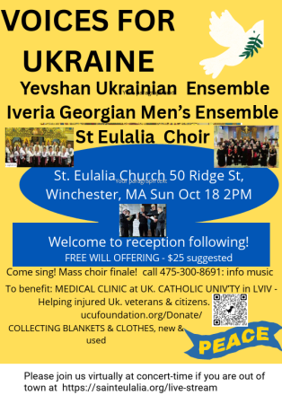 VOICES 4 UKRAINE! BENEFIT the WOUNDED 10/18 Winchester, MA Intriguing music, mass choir includes U!!